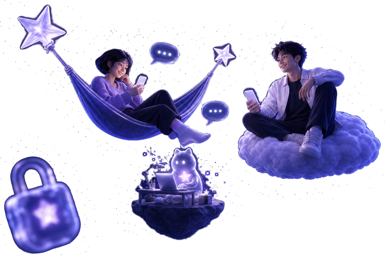A girl in a hammock strung between two stars and a guy on a cloud are texting each other, while below them a little glass cat with a star inside works at a laptop.